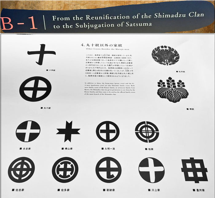 An informational display featuring various emblems and symbols related to the Shimadzu clan's history, with text and illustrations.