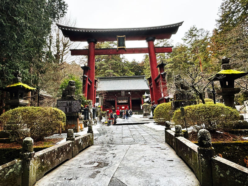 A traditional red torii gate leads to a temple in a serene forest setting, surrounded by stone lanterns and trimmed bushes.